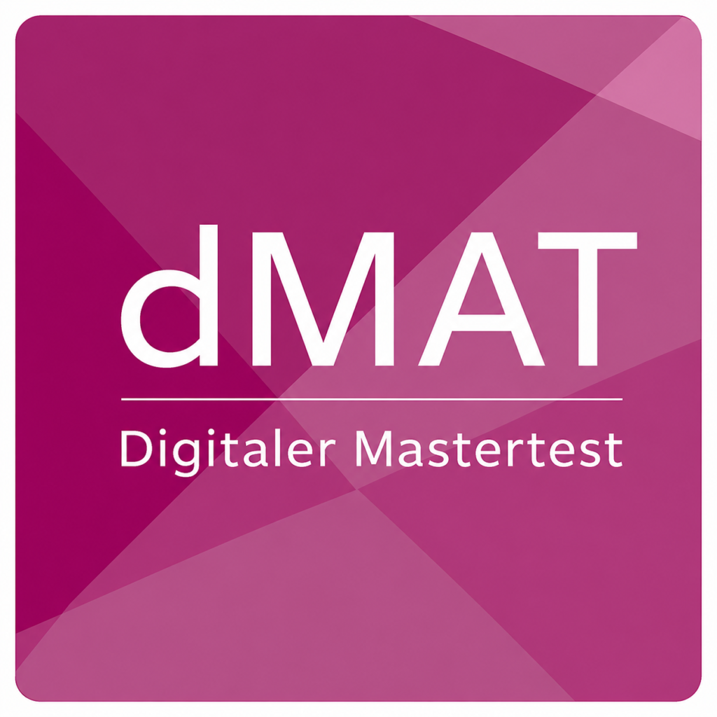 Logo for dMAT Digitaler Mastertest on a magenta geometric background; white text reads 'dMAT' with 'Digitaler Mastertest' beneath a thin underline.