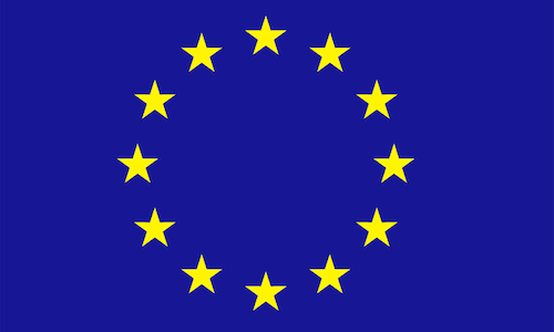 Blue flag with a circle of twelve yellow stars representing the European Union (EU).