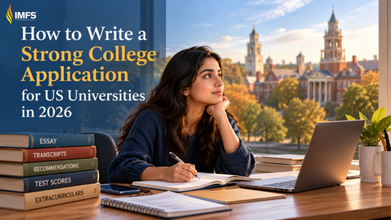Student sits at a desk writing in a notebook with a laptop nearby as campus buildings appear through a window; large text promotes a guide to writing strong college applications in 2026.