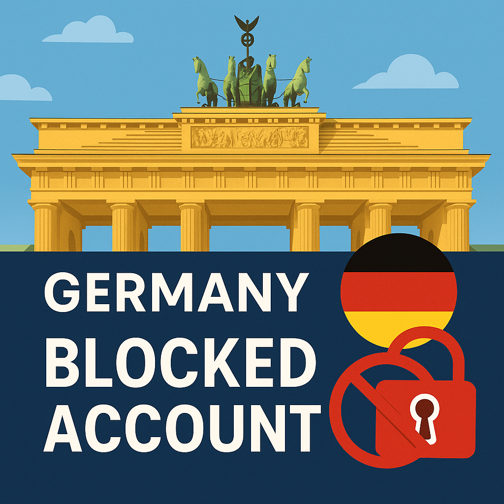 Illustration showing an Indian student with documents and luggage standing near a piggy bank labeled "Blocked Account" and a German flag in the background, symbolizing financial preparation for studying in Germany.