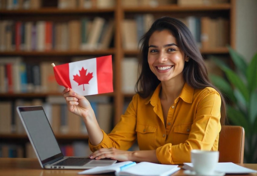 Smiling woman in a yellow shirt sitting at a desk with a laptop, holding a small Canadian flag, with bookshelves in the background — symbolizing studying or planning to move to Canada.
