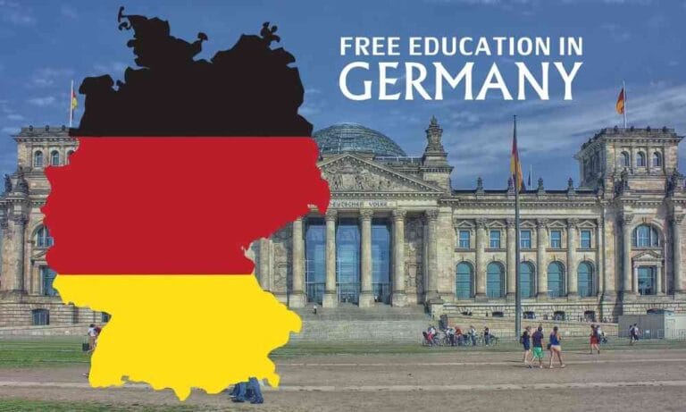 Illustration of the German flag within the map outline of Germany in front of the Reichstag building in Berlin, with the text "Free Education in Germany."