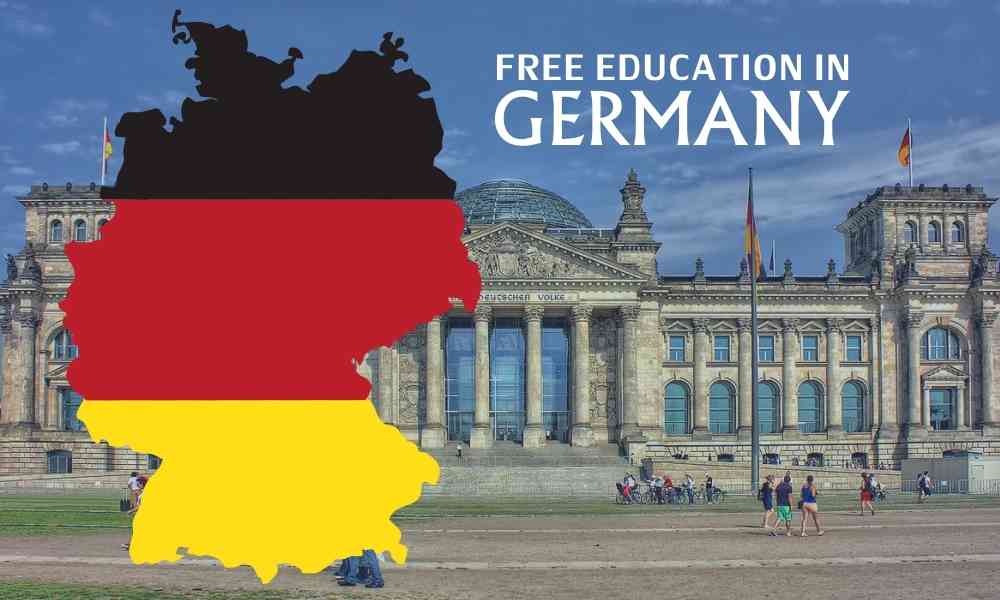 Illustration of the German flag within the map outline of Germany in front of the Reichstag building in Berlin, with the text "Free Education in Germany."