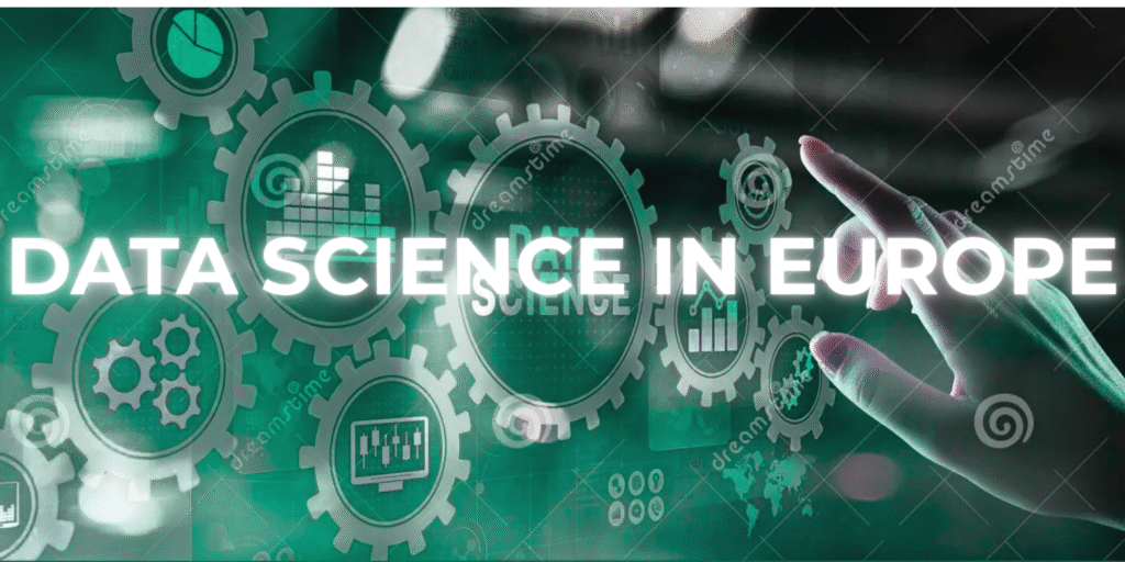 Hand pointing at virtual gears labeled “Data Science in Europe” with icons representing data charts, analytics, and digital technology.