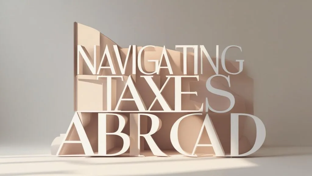 hree-dimensional text reading 'NAVIGATING TAXES ABROAD' with shadows and lighting effects creating depth, set against a softly lit neutral background.