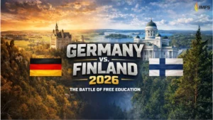 Promotional poster for Germany vs. Finland 2026: The Battle of Free Education, with German and Finnish flags over a scenic landscape.