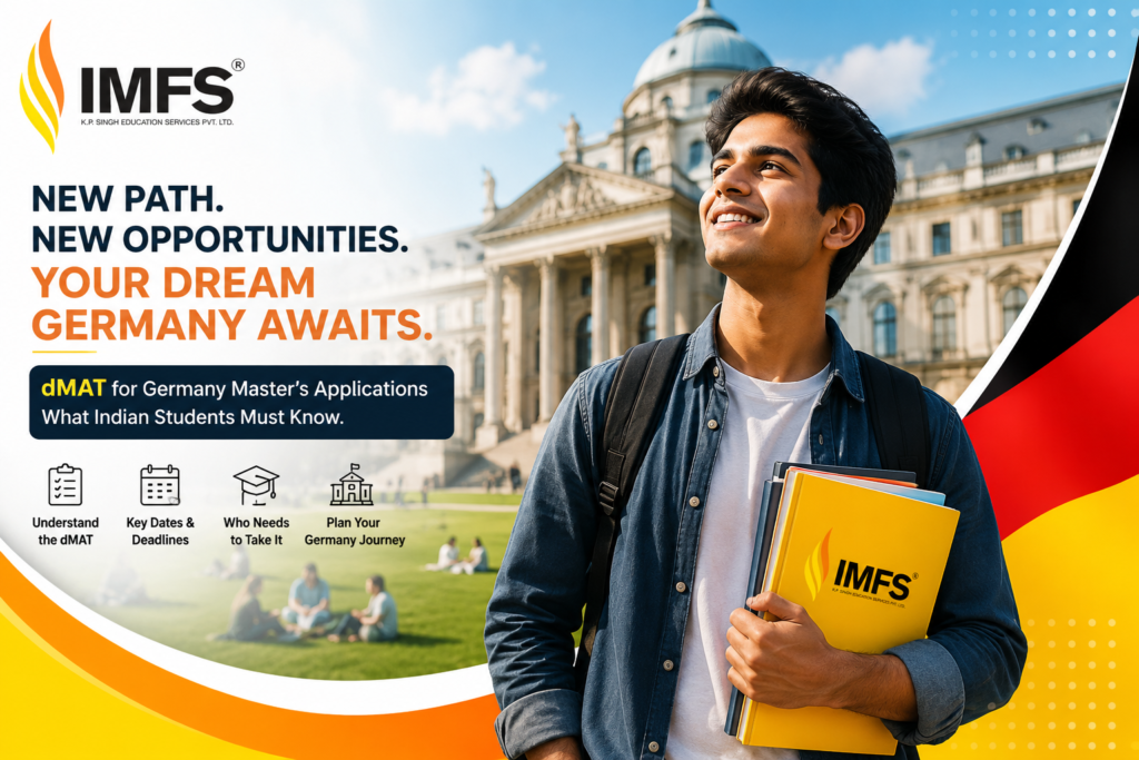 Promotional banner: a smiling student with a backpack holding yellow IMFS folders in front of a historic German building; headline reads 'New Path. New Opportunities. Your Dream Germany Awaits.'