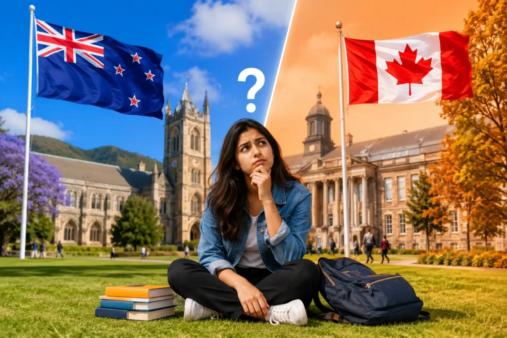 A thoughtful student sits on the grass between New Zealand and Canada flags on a university campus, pondering study abroad options.