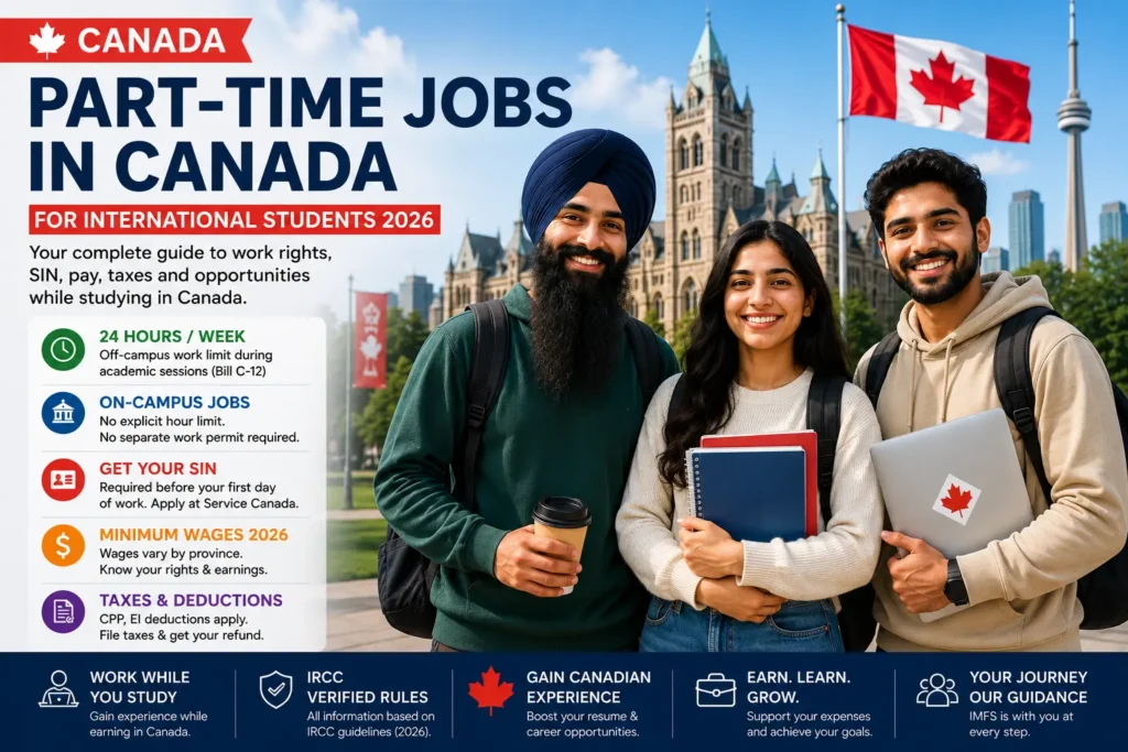 Three smiling students with backpacks and notebooks stand on a campus with a Canadian flag in the background, advertising part-time jobs in Canada for international students 2026.