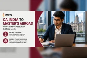 ca-masters-abroad-1536x1024 | Best Study Abroad Consultants in India Advertisement banner: 'CA India to Master’s Abroad' with a man in a blazer studying at a desk—laptop open, city skyline behind him.