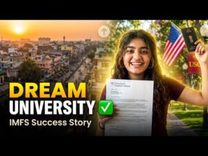 Smiling student holding admission papers with a green checkmark; sunset campus background with US flags and the text 'Dream University IMFS Success Story'